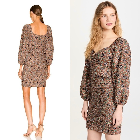 VERONICA BEARD Floral Paisley Sweetheart Neck Puff Long Sleeve Ruched Dress 4 - Picture 3 of 11